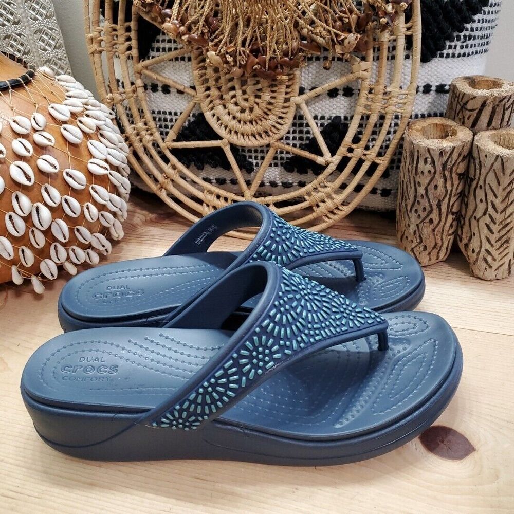 Crocs Monterey Womens US 11 Diamante Thong Slide Slip-On Sandals Low Wedge Blue